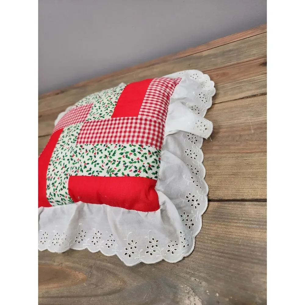 Vtg Handmade Christmas Throw Pillow Quilted Squares 10x10” Lace Edge Retro